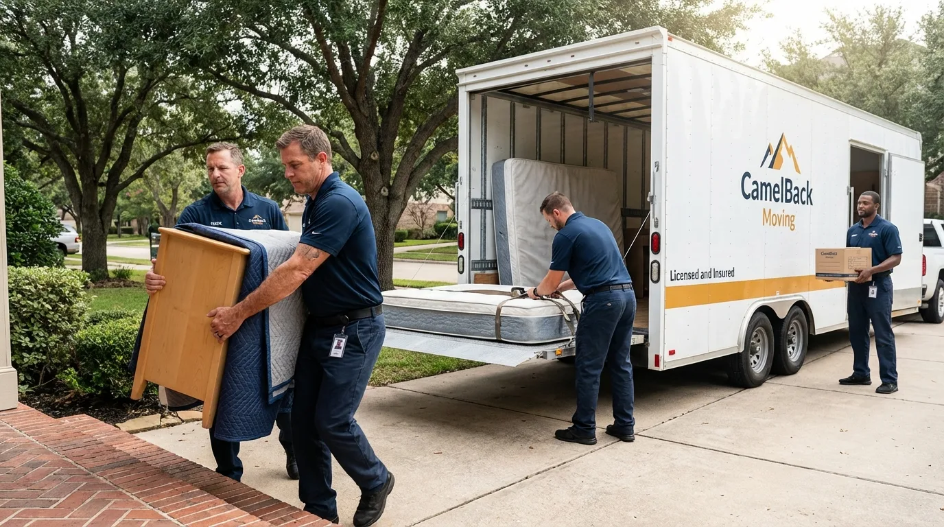Crew loading residential truck for cross-state move from Saint Johns, MI