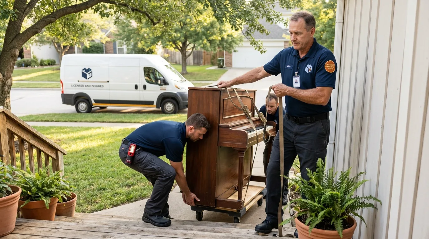 Licensed piano movers securing grand piano in Saint Johns, MI