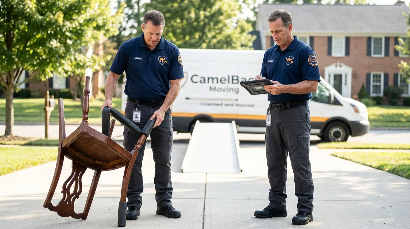 Movers inspecting furniture for damage prevention before loading in Saint Johns, MI