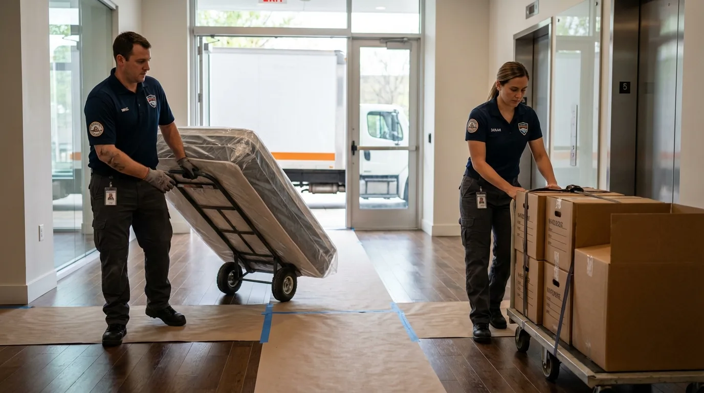 Professional apartment movers loading elevator in Saint Johns, MI