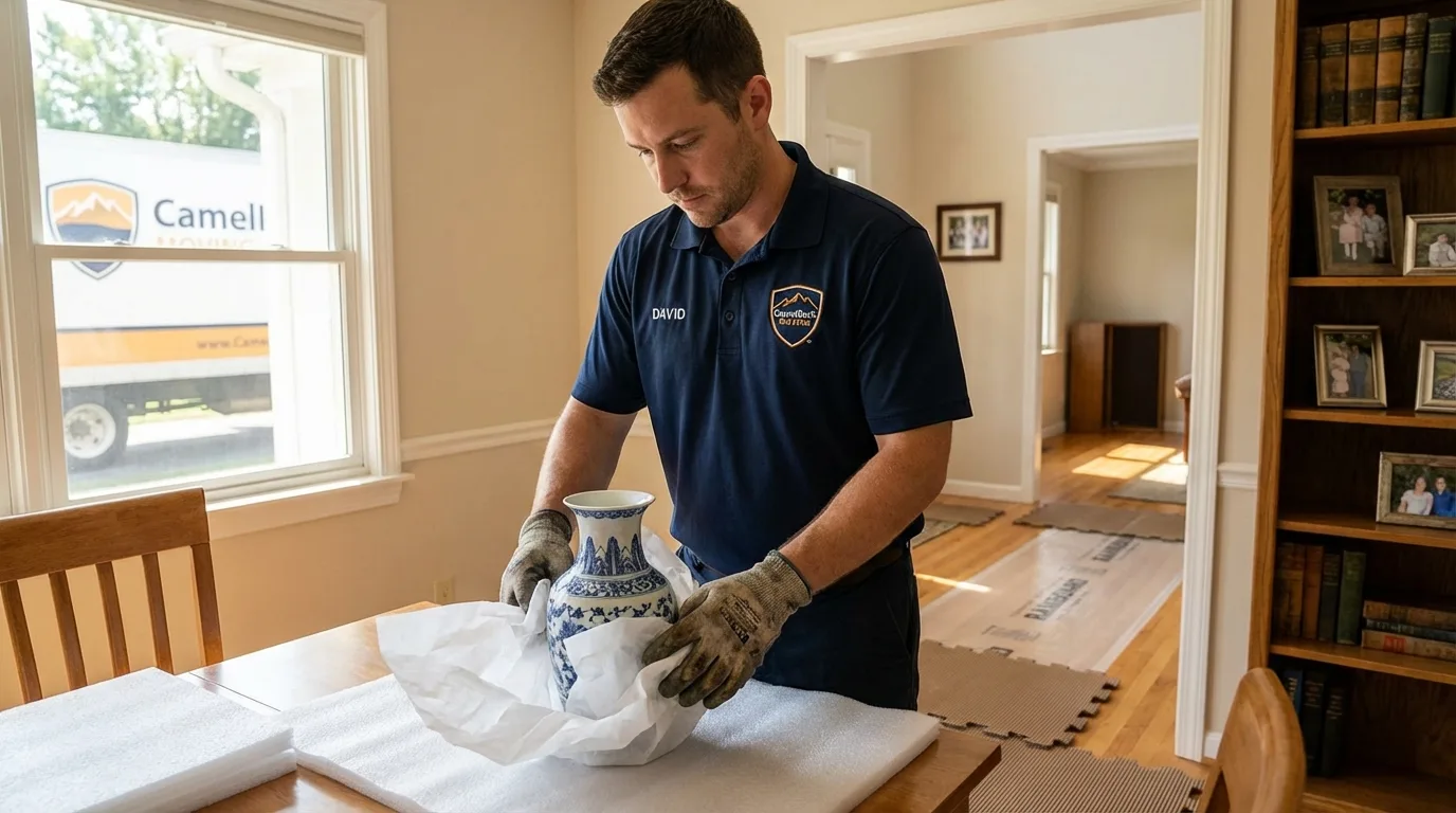 Professional crew carefully wrapping antique vase for senior downsizing move in Saint Johns, MI